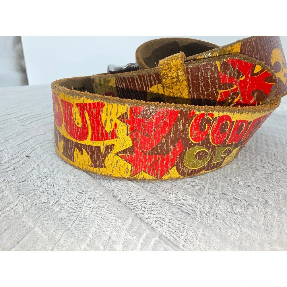 Leather Island Bill Lavin Graphic Leather Belt Music Soul Skulls Distressed 34